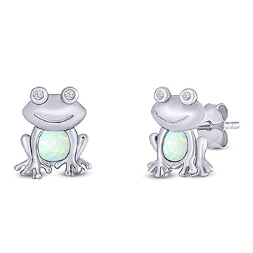 Frog Stud Earring Created White Opal Solid 925 Sterling Silver (12.5mm)